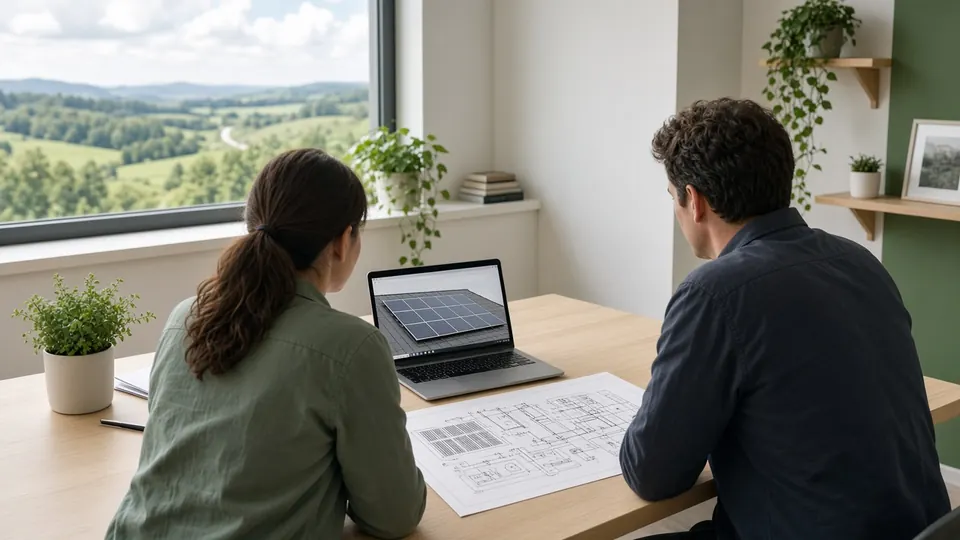 Zwei Personen besprechen einen PV-Anlagenplan am Laptop in einem hellen Büro mit Blick ins Grüne