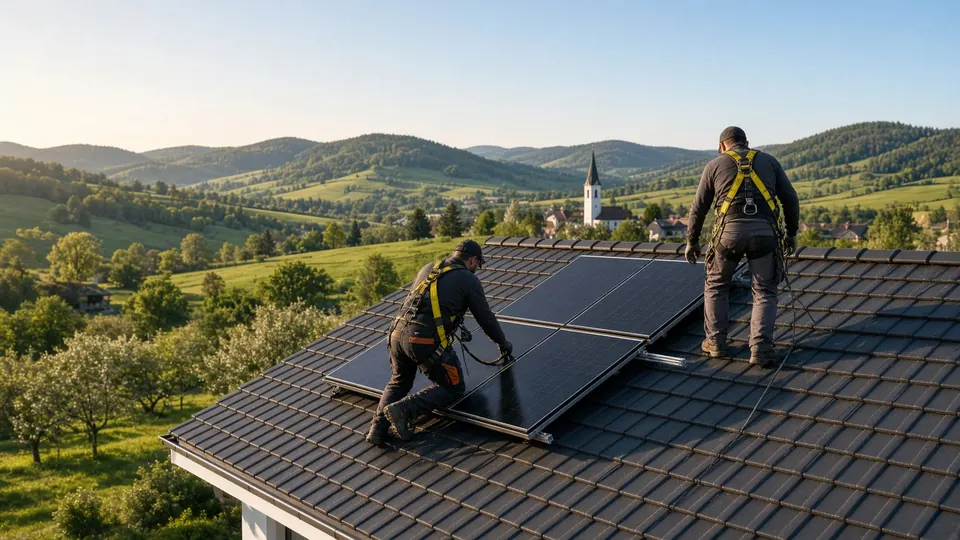 Zwei Monteure mit Absturzsicherung montieren Solarmodule auf einem anthrazitfarbenen Ziegeldach, dahinter Hügel und ein Kirchturm