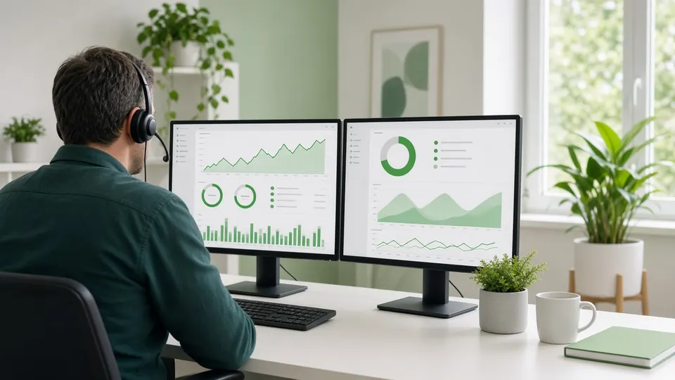 Techniker mit Headset vor zwei Monitoren mit grünem Monitoring-Dashboard