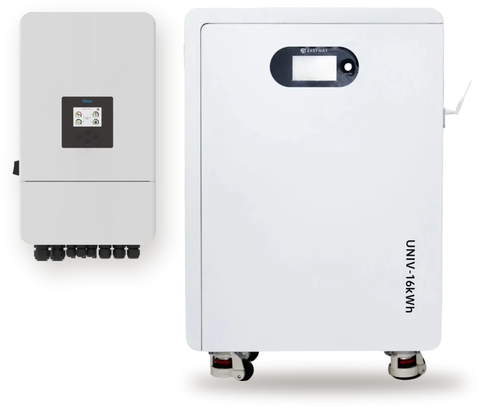 Produktfotos: Deye Hybrid-Wechselrichter 10 kW und Easyway UNIV 16 kWh Batteriespeicher